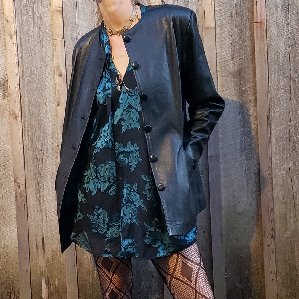 Bettina Rizzi Collarless Black Genuine Leather Blazer